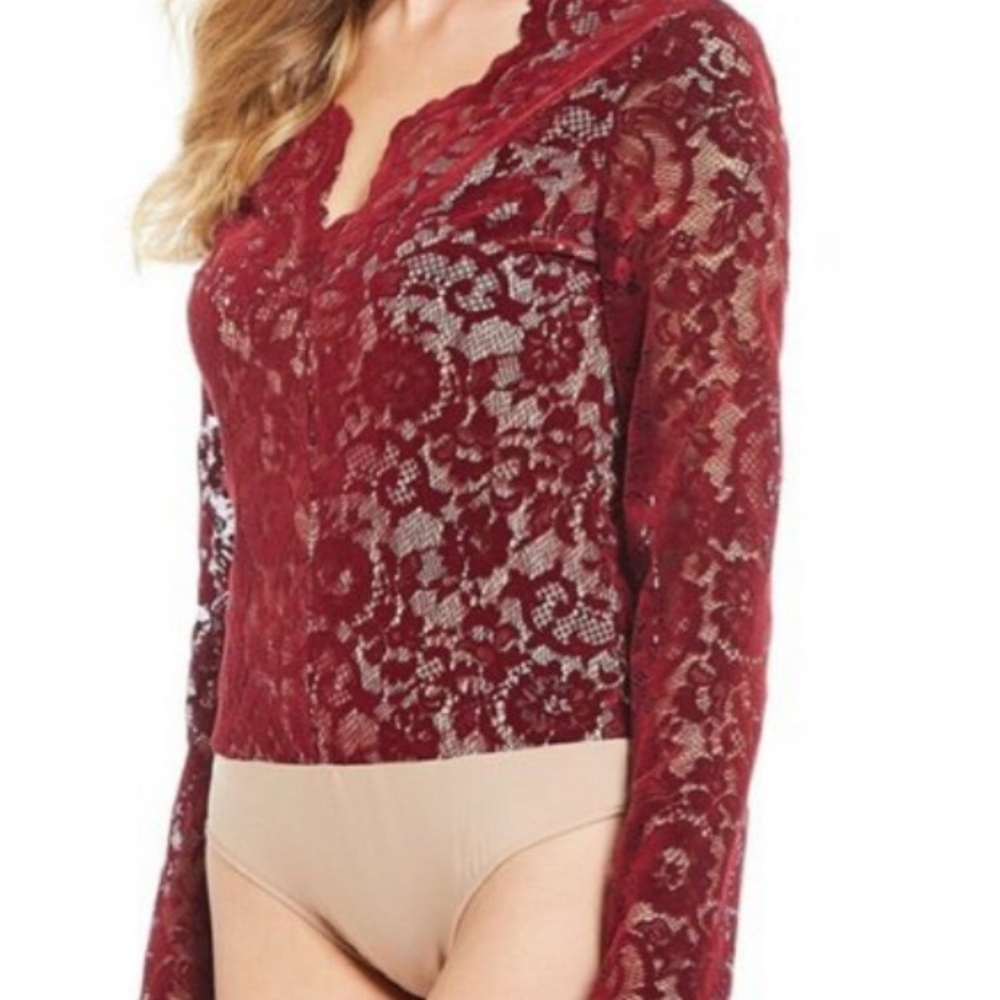 Gianni Bini Burgundy Lace Long-Sleeve Bodysuit